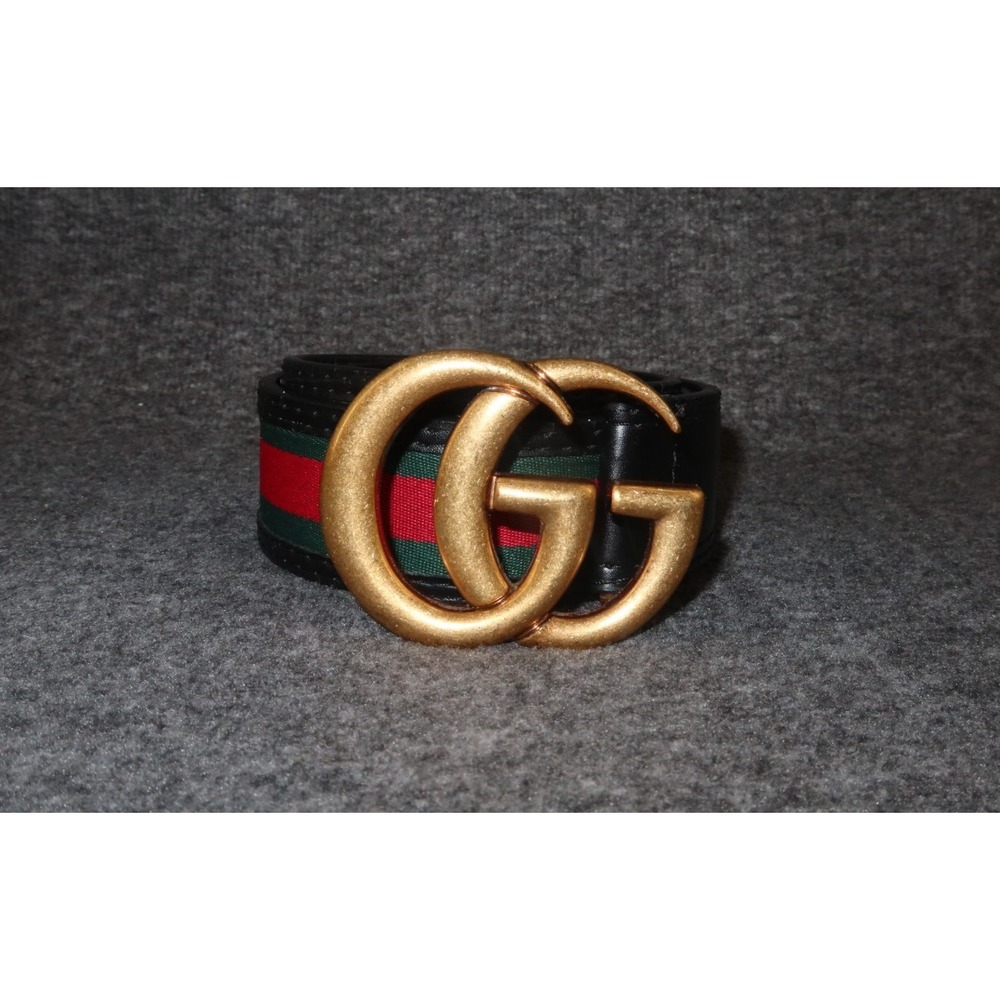 Gucci Green/Red Web Fabric & Leather, GG Logo Buckle Belt Size 44 / 110 cm